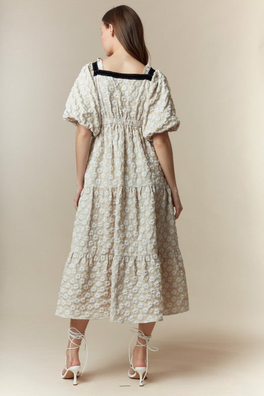 Flower Textured Velvet Tape Bow MIDI Dress