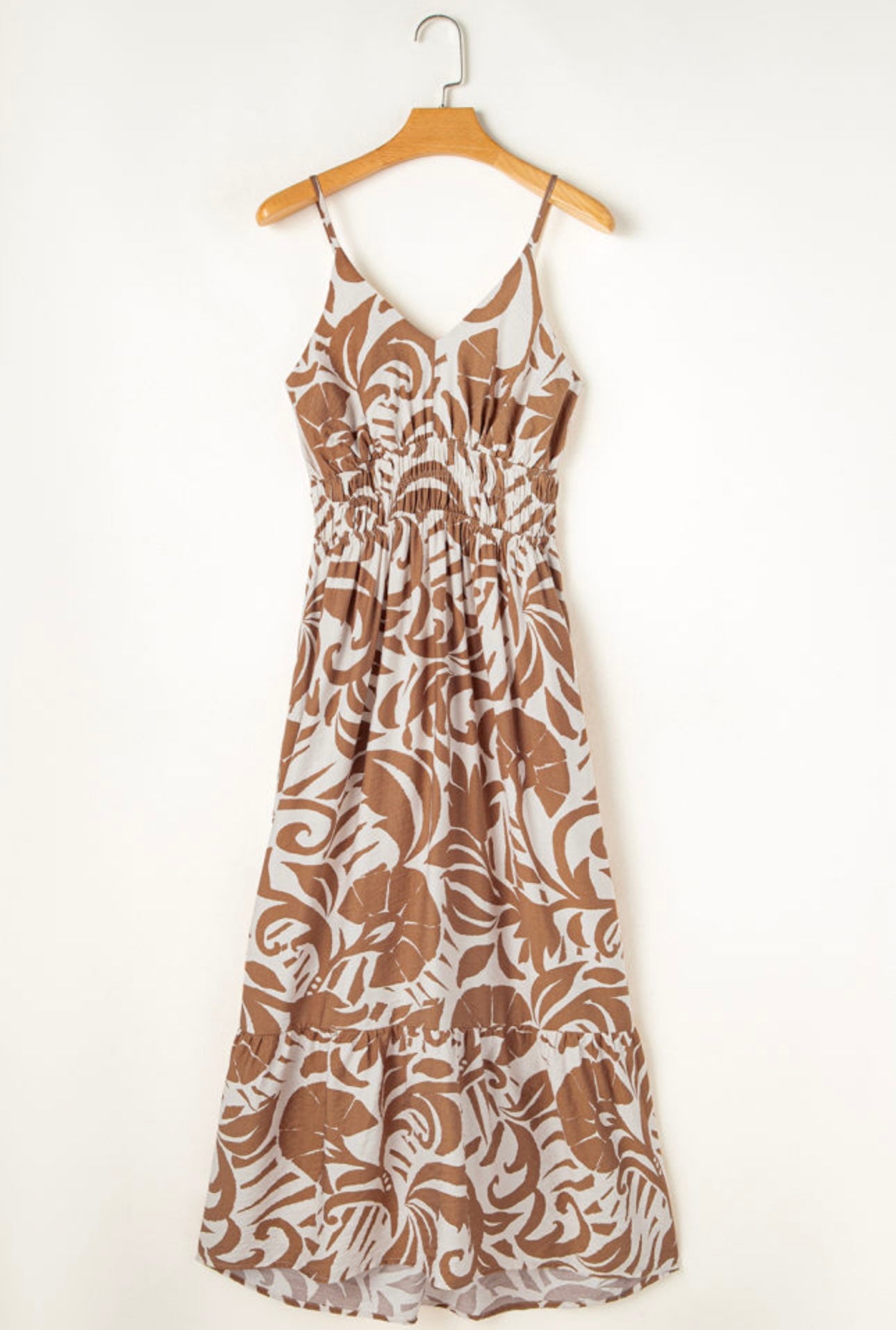 Khaki floral high waist spaghetti strap maxi dress