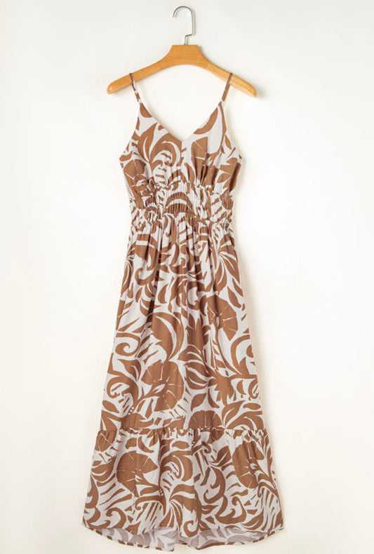 Khaki floral high waist spaghetti strap maxi dress